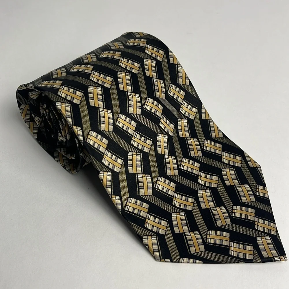 Valentino Cravette Gold‎ and Black Pattern Silk Tie